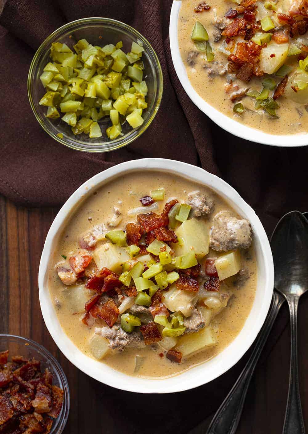 Overhead of Bowls of Creamy Cheeseburger Soup 