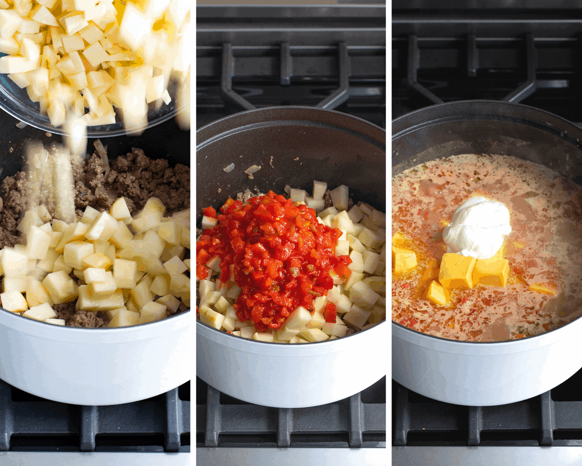 Cheeseburger Soup Process of Adding Ingredients