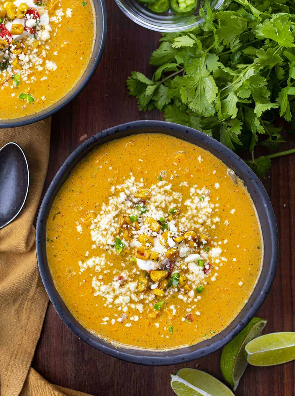 Esquites Soup - Mexican Street Corn Soup Recipe from Overhead in Bowls