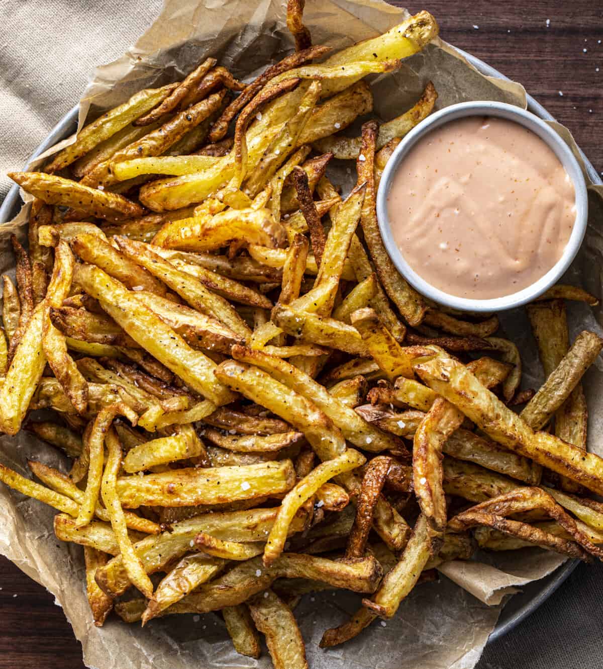 Plate of Air Fryer French Fries with Fry Sauce. Appetizer, French Fries, Air Fryer Recipes, How to Make French Fries, Side Dish, What to Serve with Burgers, i am homesteader, iamhomesteader