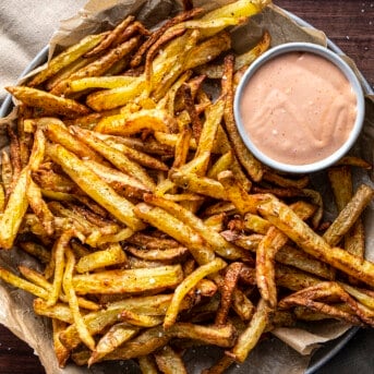 Plate of Air Fryer French Fries with Fry Sauce. Appetizer, French Fries, Air Fryer Recipes, How to Make French Fries, Side Dish, What to Serve with Burgers, i am homesteader, iamhomesteader