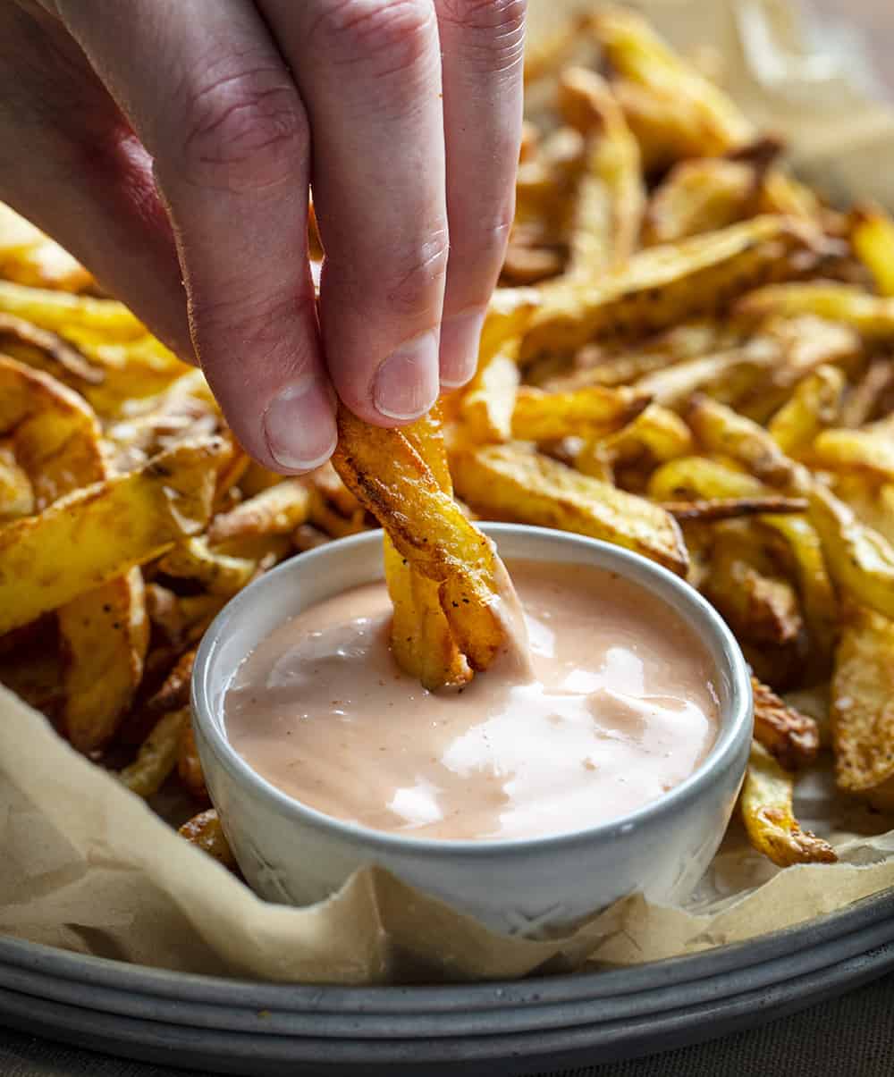 Dipping French Fries in Fry Sauce. Appetizer, French Fries, Air Fryer Recipes, How to Make French Fries, Side Dish, What to Serve with Burgers, i am homesteader, iamhomesteader
