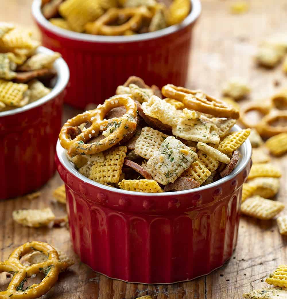Bowls of Dill Pickle Chex Mix