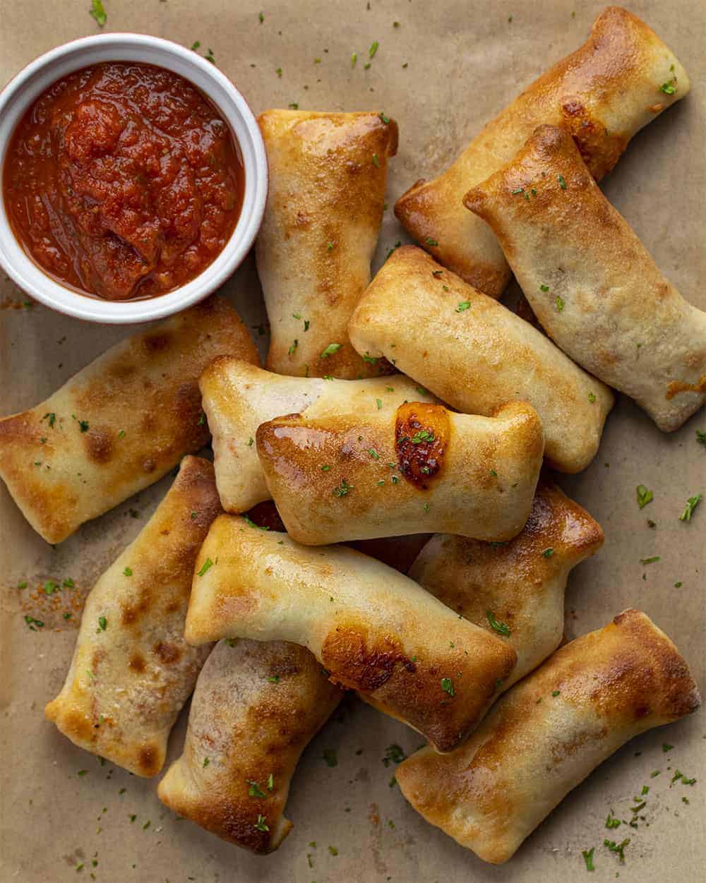 Overhead of Air Fryer Pizza Rolls