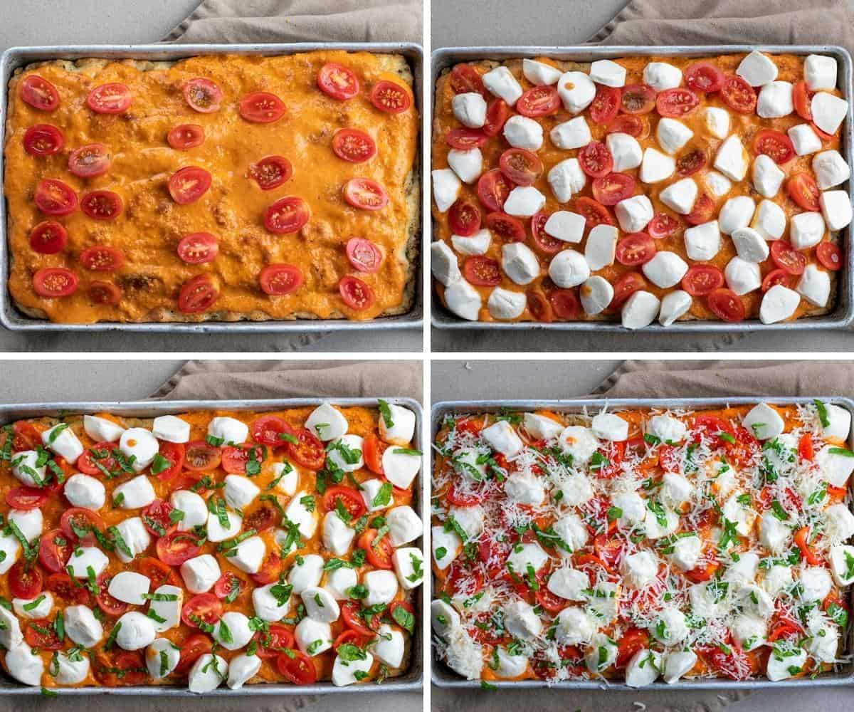 Steps of adding toppings to Margherita Focaccia Bread.