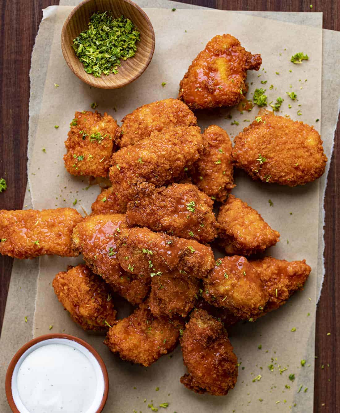 Overhead Image of Air Fryer Buffalo Chicken Nuggets