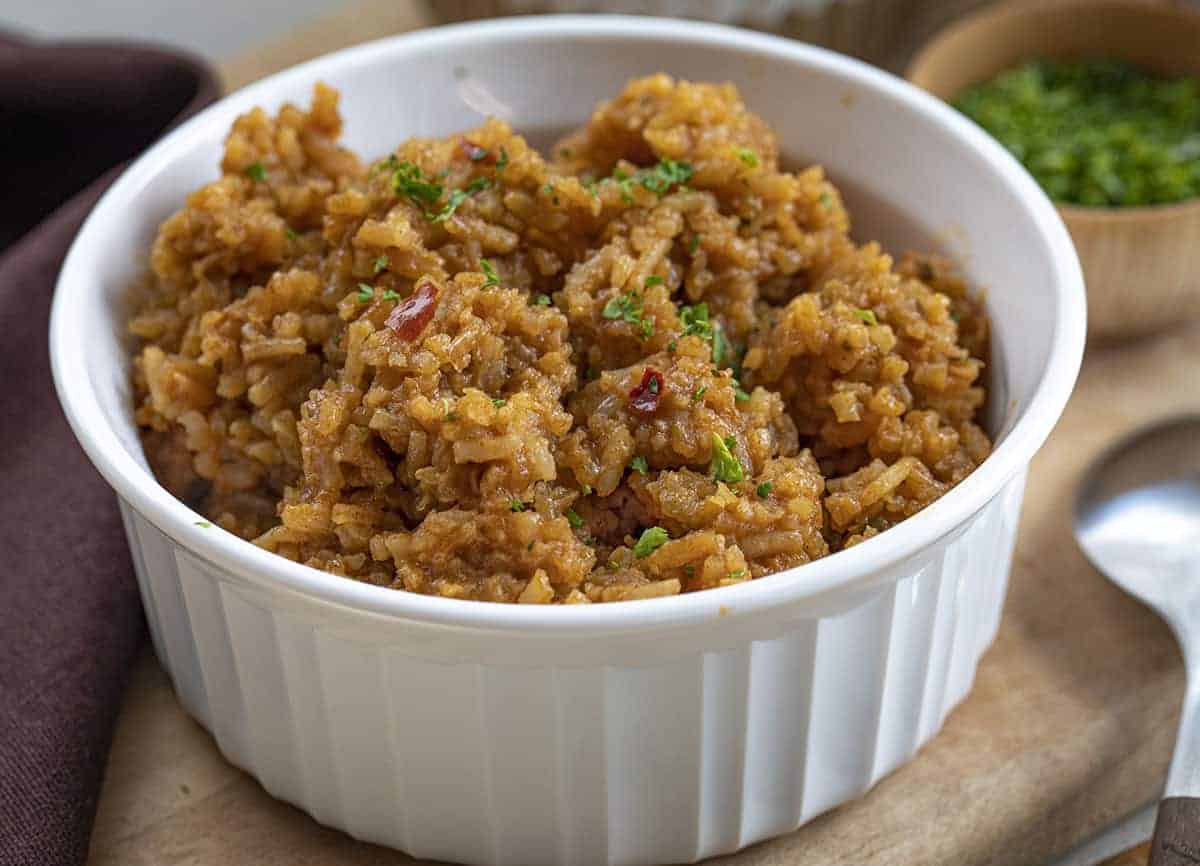 Bowl of Texas Roadhouse Seasoned Rice - Copycat Recipe