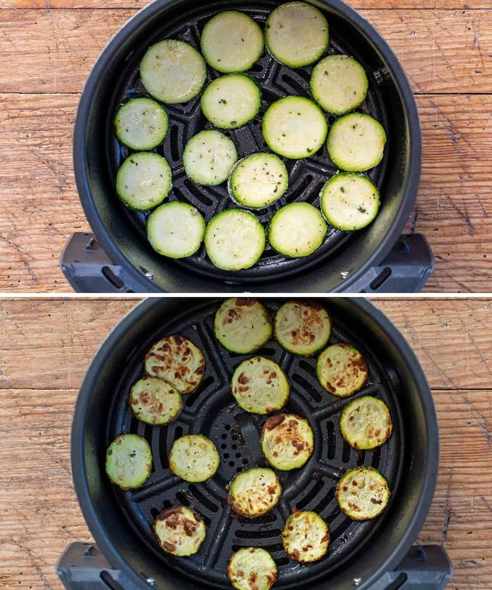 Adding Zucchini Chips to Air Fryer for Fryng.