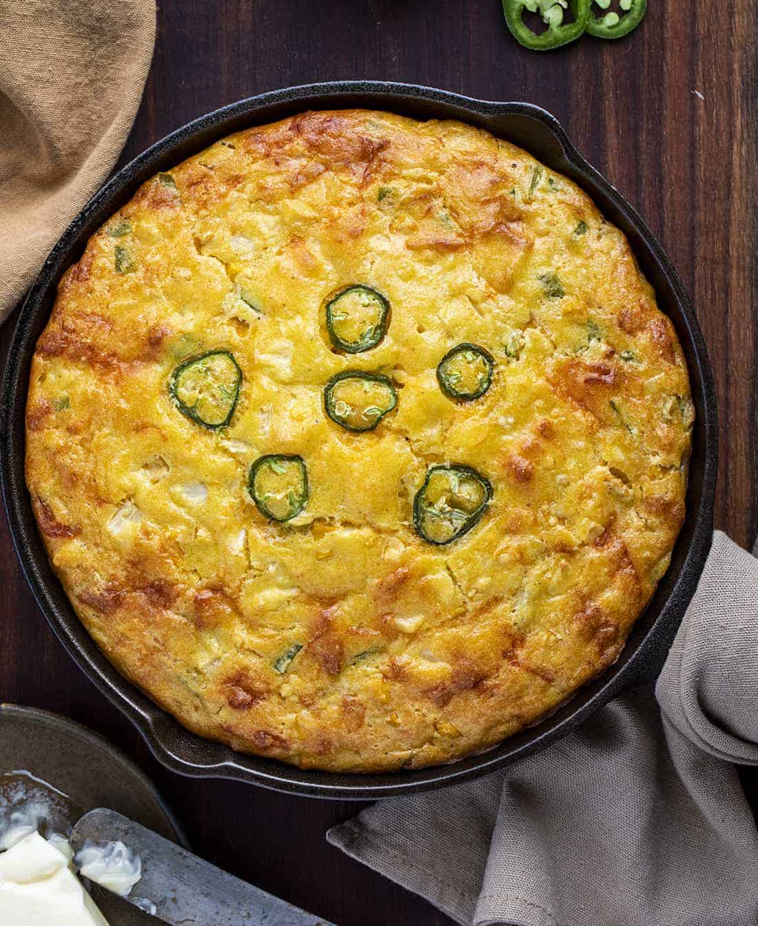 Overhead of Jalapeno Cheddar Cornbread in a Skillet