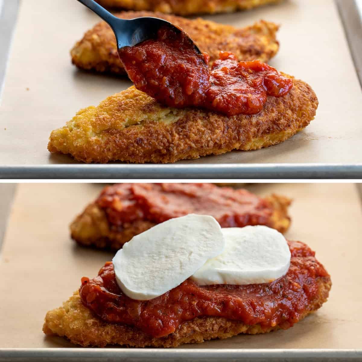 Adding Sauce and Cheese to Chicken Parmesan