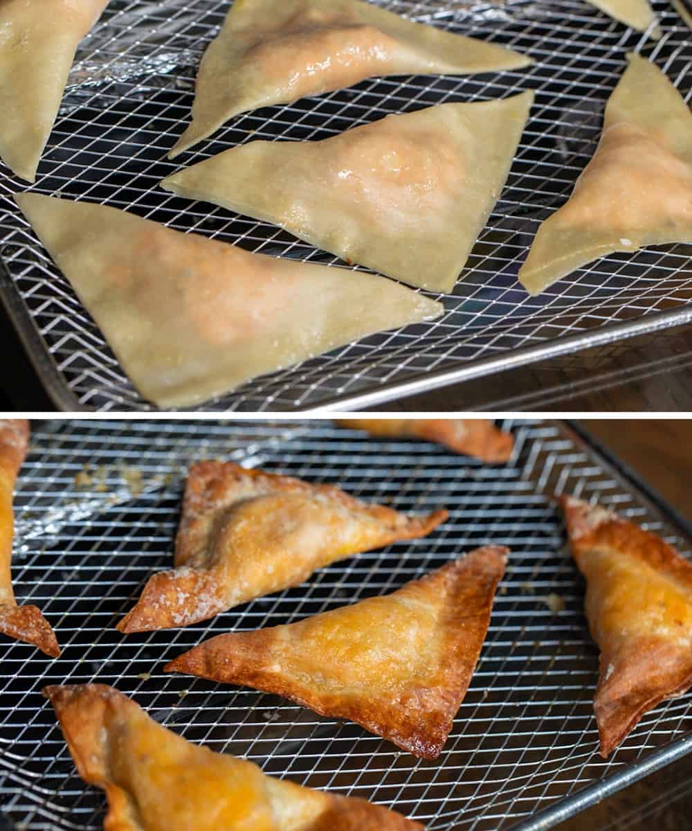 Buffalo Chicken Wontons Before Being Baked in Air Fryer and After.