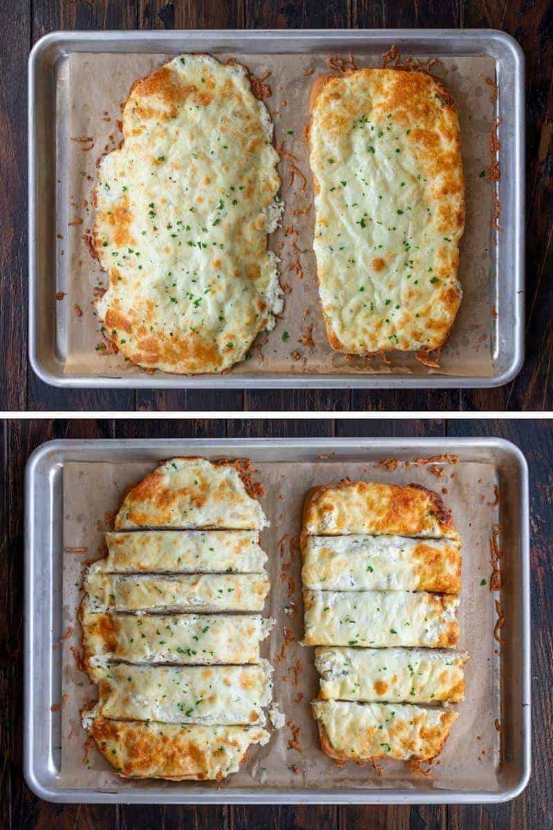 Cooked 3 Cheese Garlic Bread and then Cut into Strips