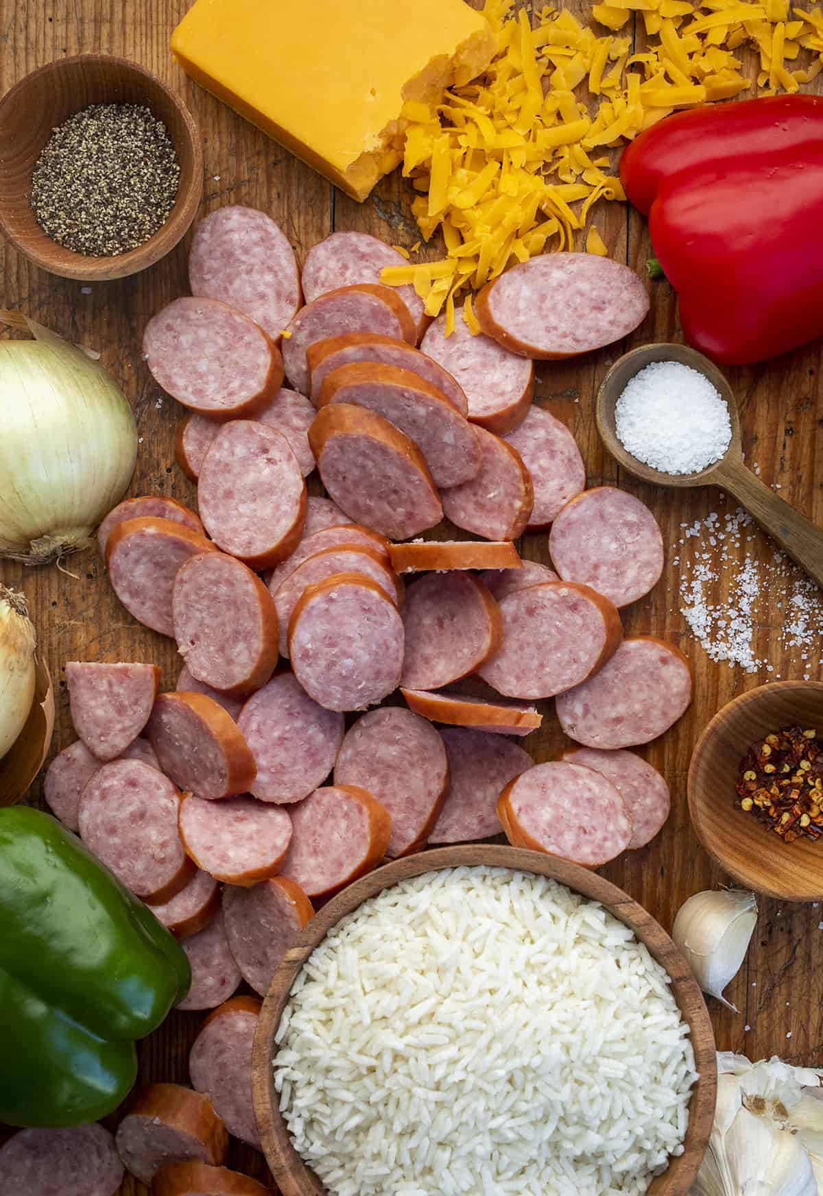 Raw Ingredients for Cheesy Sausage and Rice Recipe
