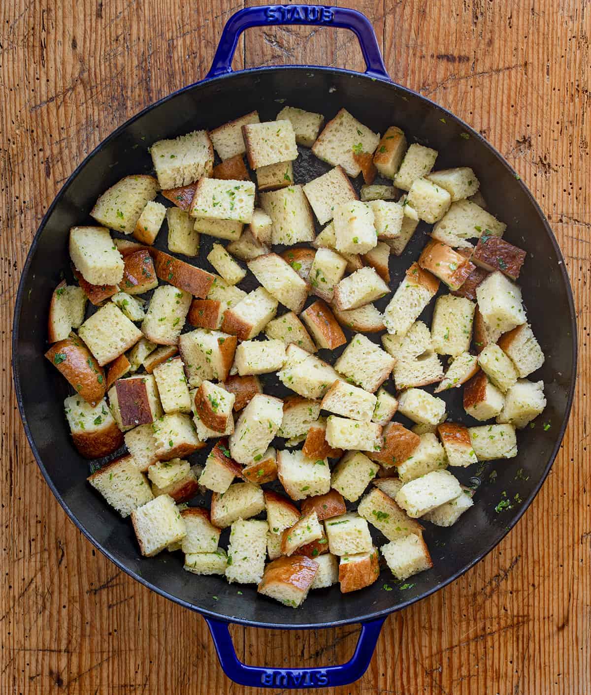 Overhead image of Uncooked Sourdough Croutons