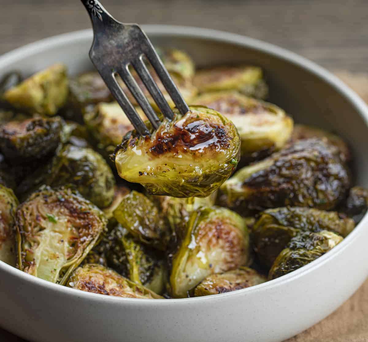 Fork with Roasted Brussels Sprout on it