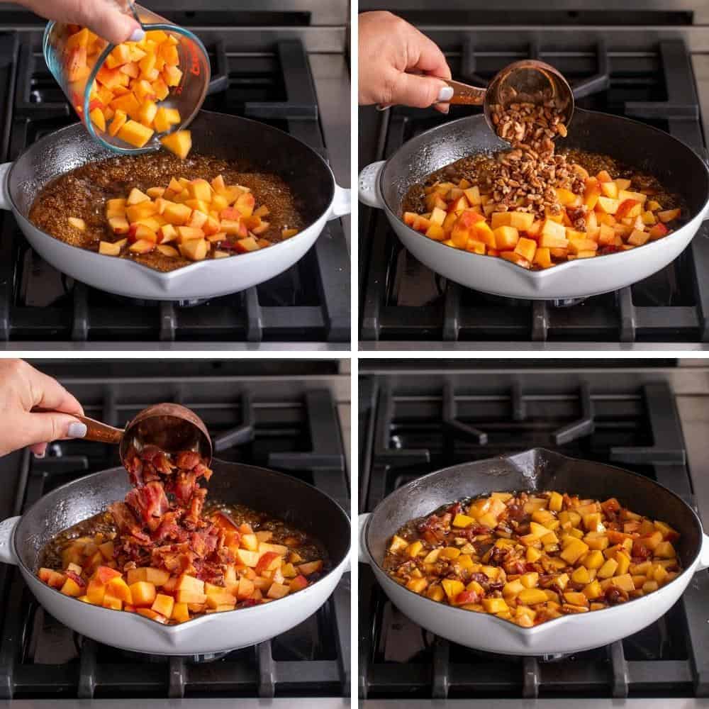 Steps for adding peaches, pecans, and bacon for making Bourbon Peach Pecan Dip on the Stove Top.