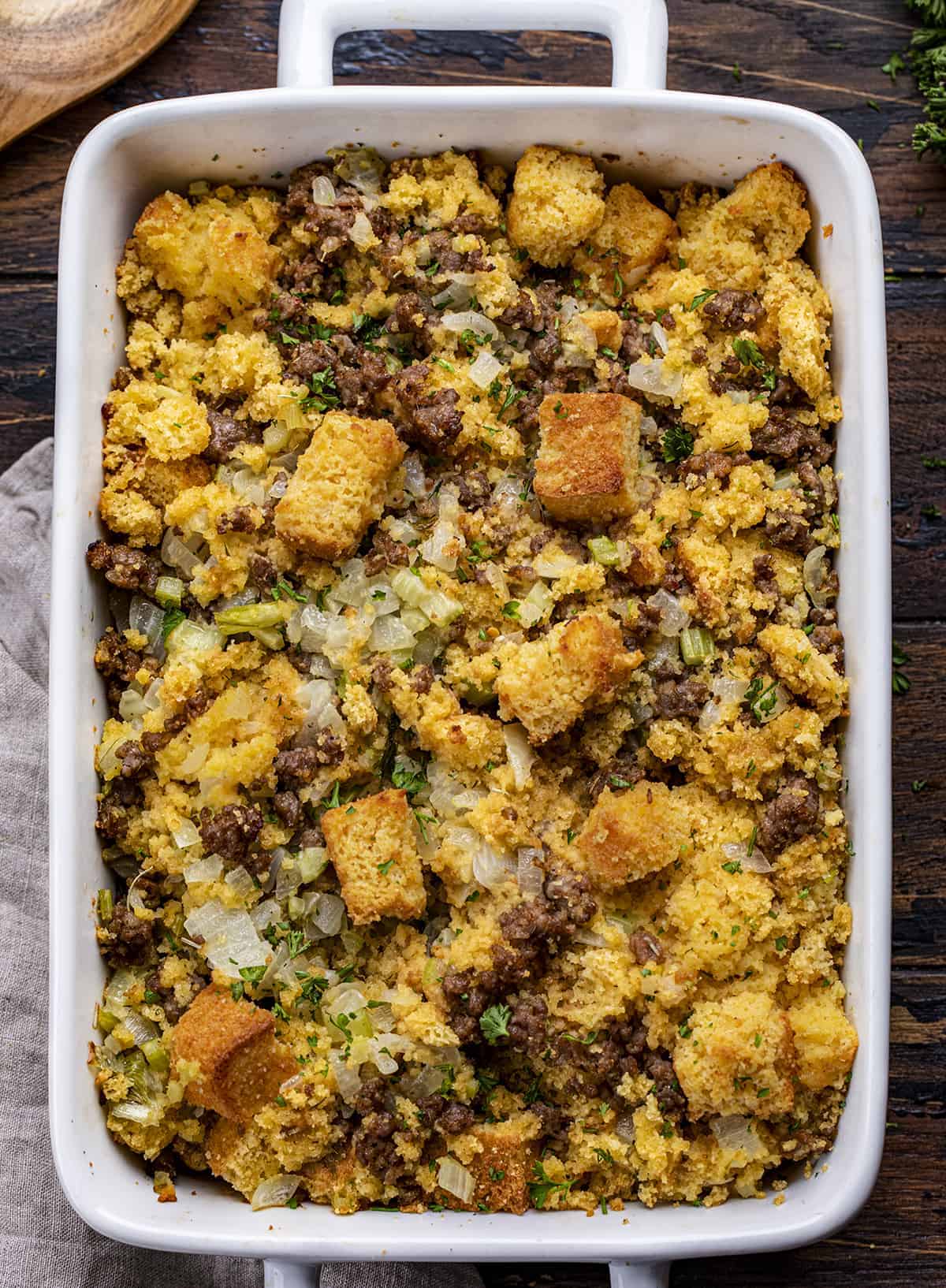 Overhead Pan of Cornbread Dressing for Thanksgiving