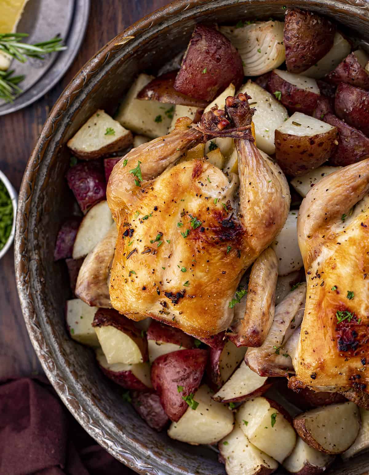 Cornish Game Hen in a Pan with Potatoes