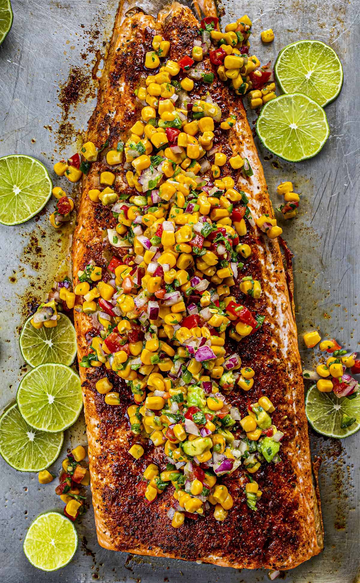 Blackened Salmon with Avocado Corn Salsa and Lime