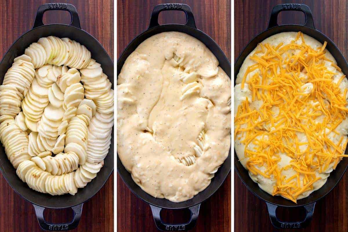 Process Steps on sliced potatoes, cheese sauce, and shredded cheese going on Potatoes Au Gratin