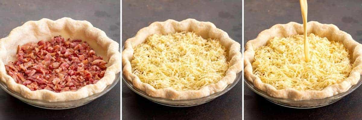 Adding bacon, cheese, and egg mixture to pie crust for Quiche Lorraine