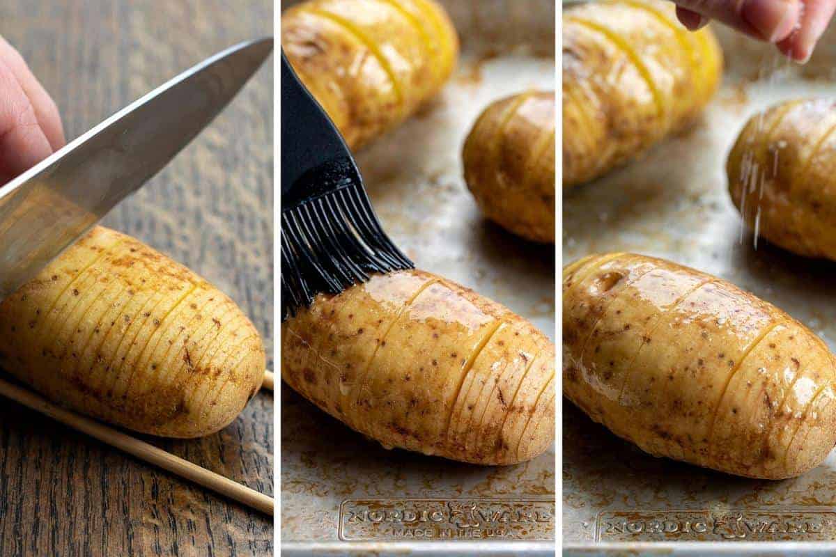 Cutting, Adding Butter, and Sprinkling Salt on Hasselback Potatoes Collage