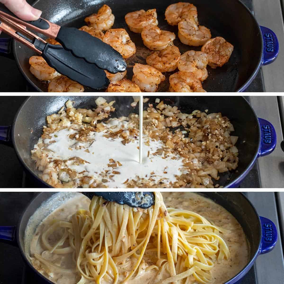 Steps for Making Shrimp, Onions, and then Noodles in the Sauce for Cajun Shrimp Pasta Recipe