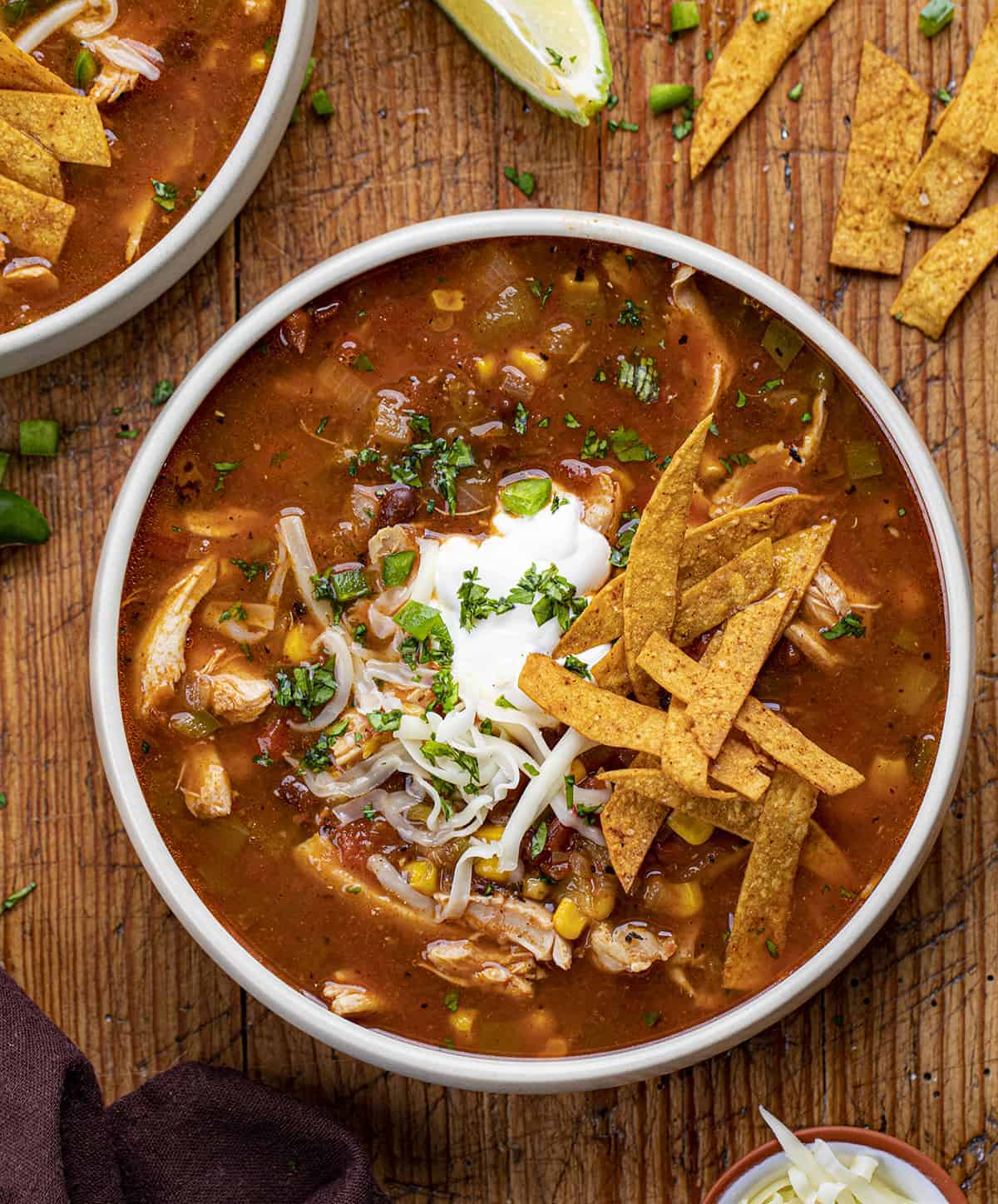 Bowl of Chicken Tortilla Soup with Garnish