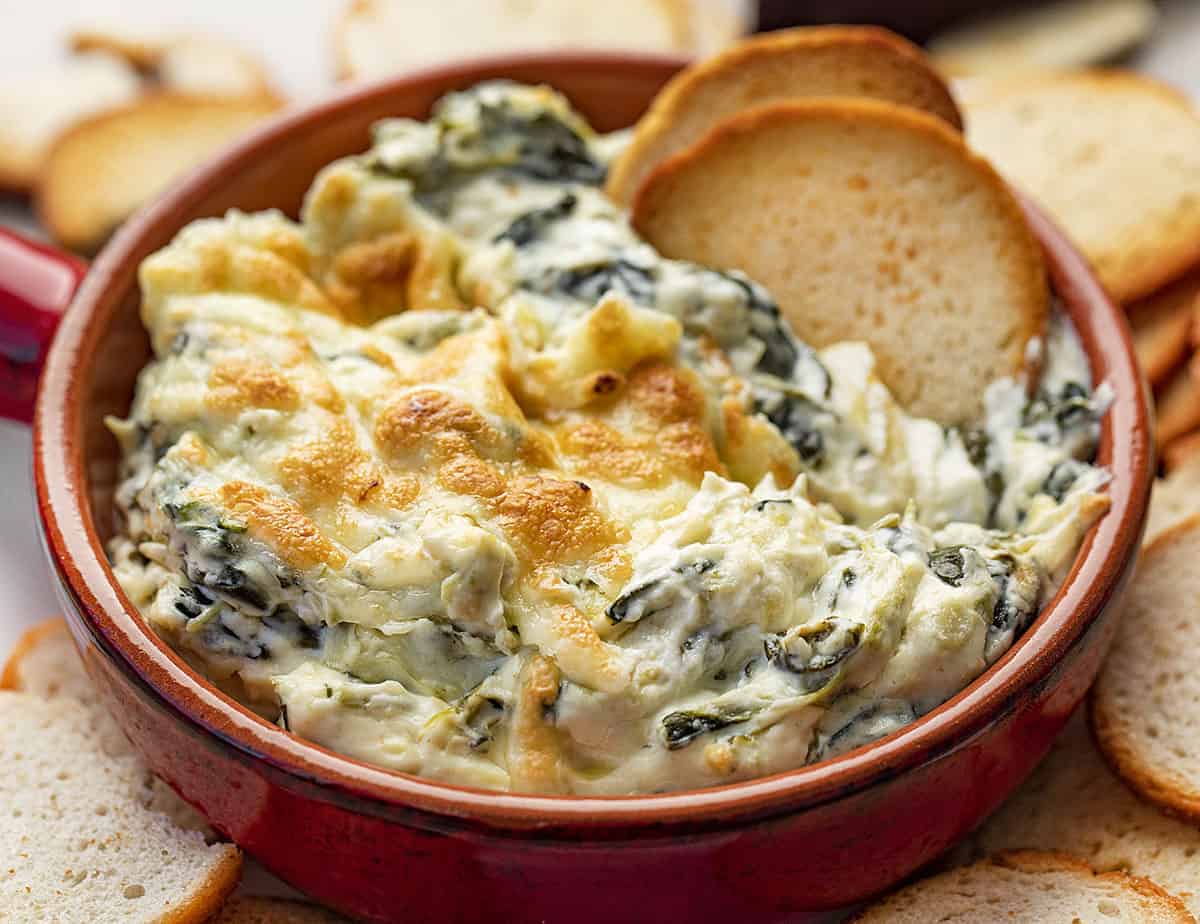 Bowl of toasted easy spinach dip