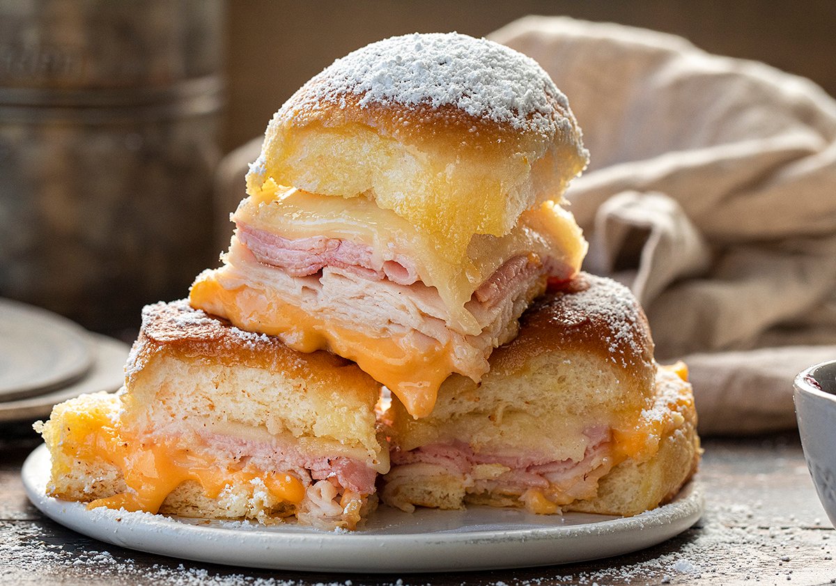 Stacked Monte Cristo Sliders on a Plate