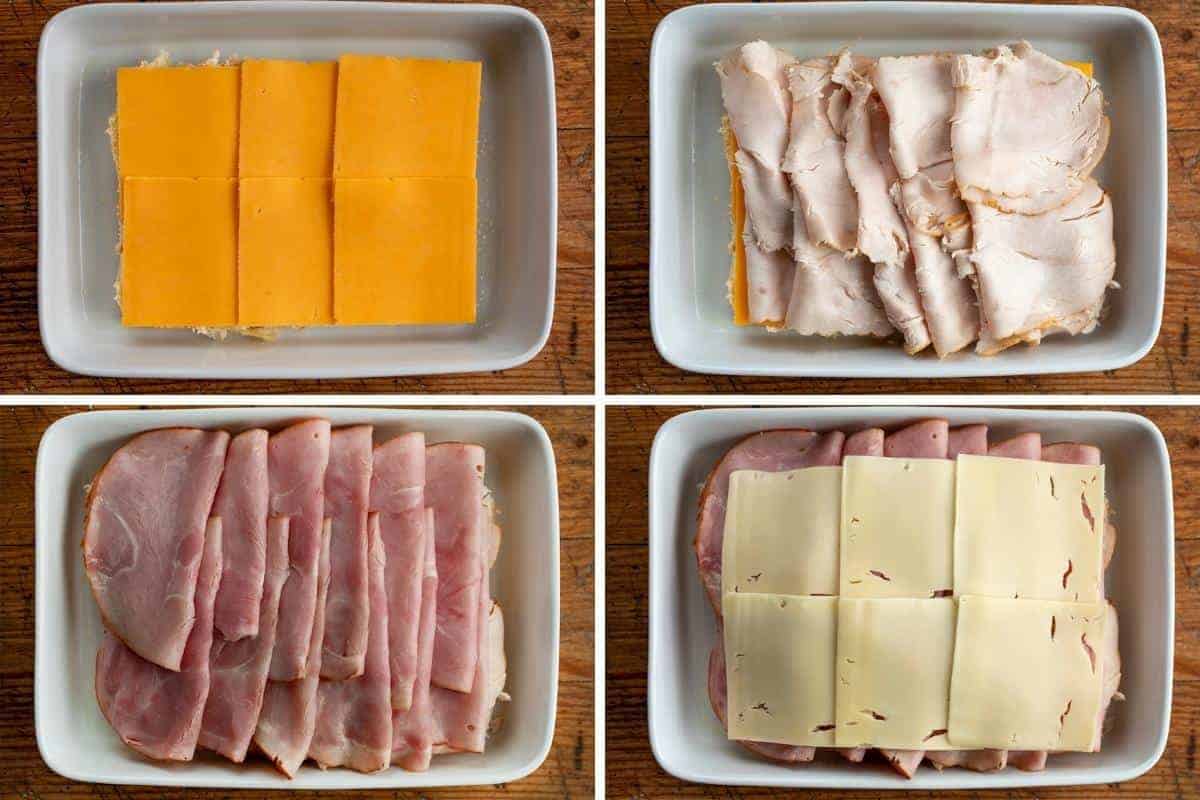 Steps for adding ingredients to make Monte Cristo Sliders