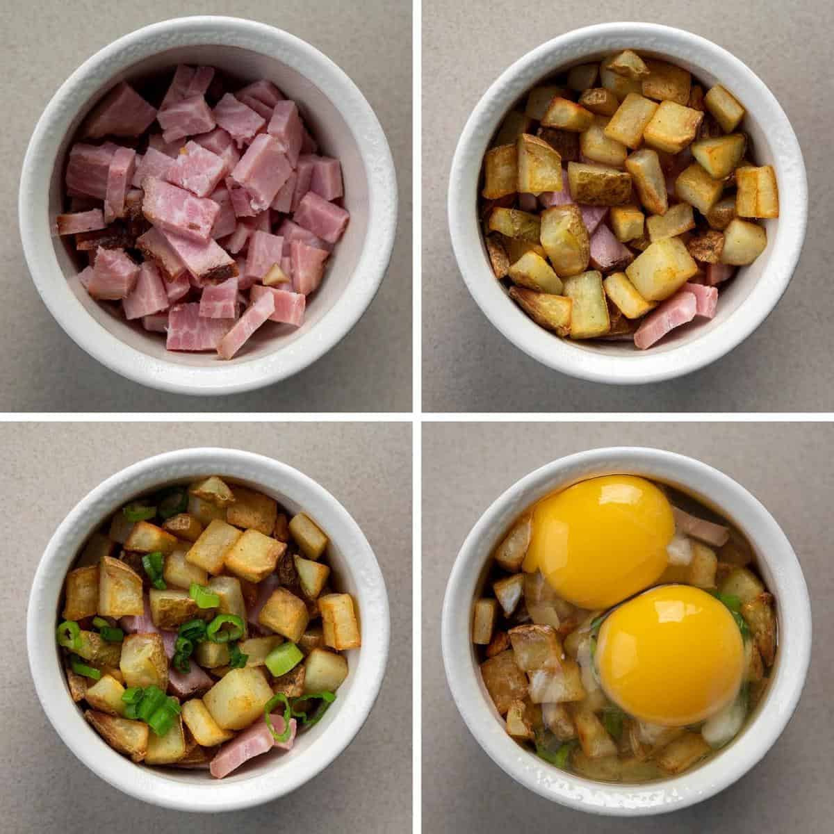 Process Steps for Adding Ham, Potatoes, Scallion, and Egg to Baked Eggs- Eggs in a Cup - Shirred Eggs - Snug Eggs