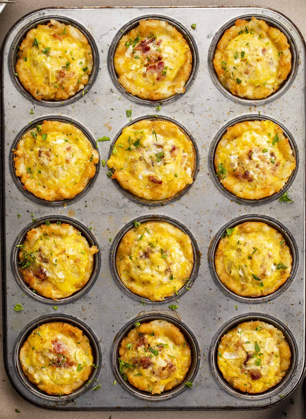 Tater Tot Breakfast Cups in a Muffin Tin from Overhead