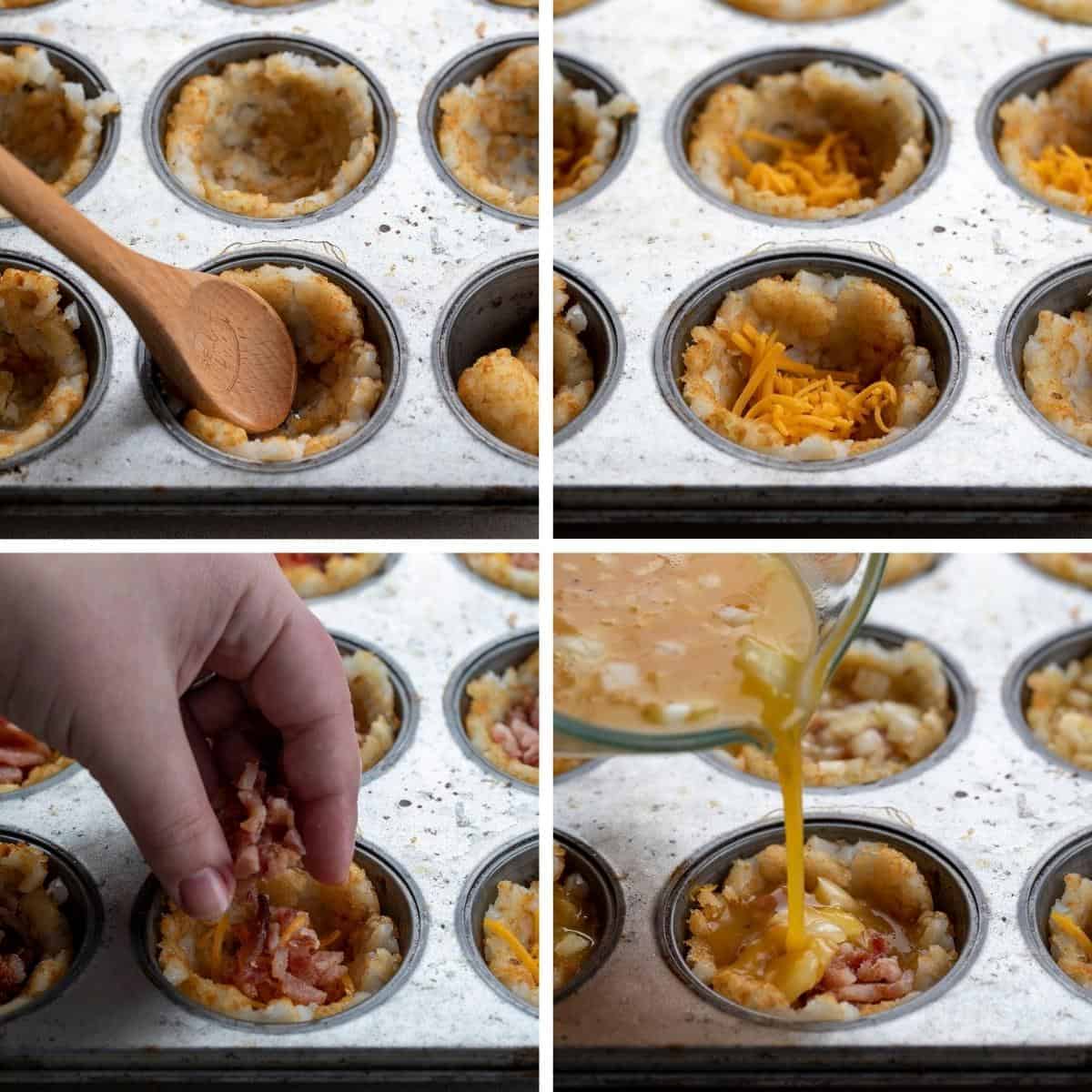 Process steps for adding hashbrowns, cheese, bacon, and egg mixture to muffin cups