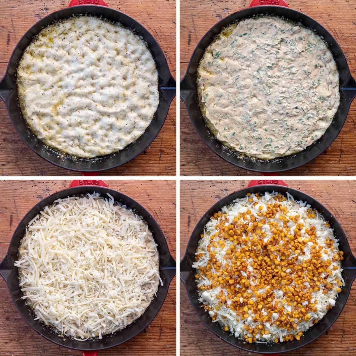 Steps of adding ingredients to Esquites pizza
