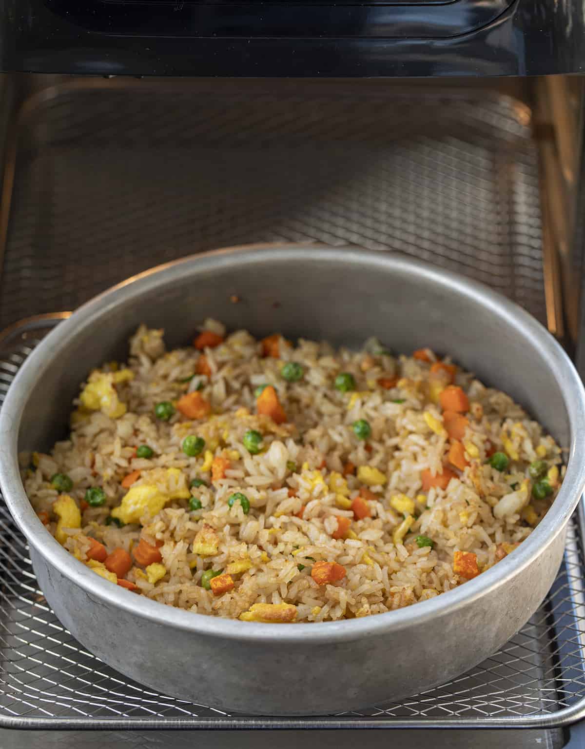 Pan with Fried Rice in it Being Made in an Air Fryer