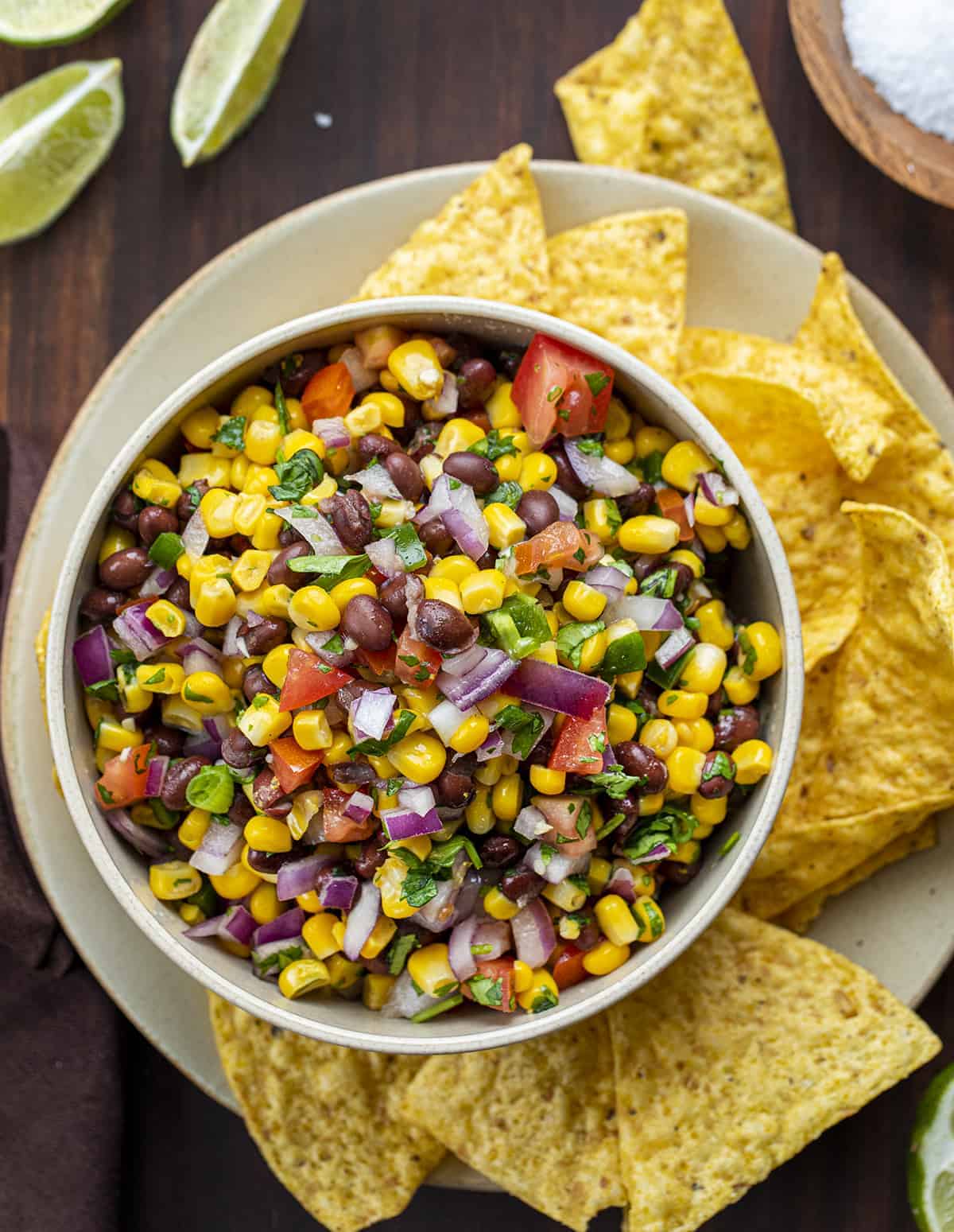 Bowl of Black Bean Corn Salsa with Chips