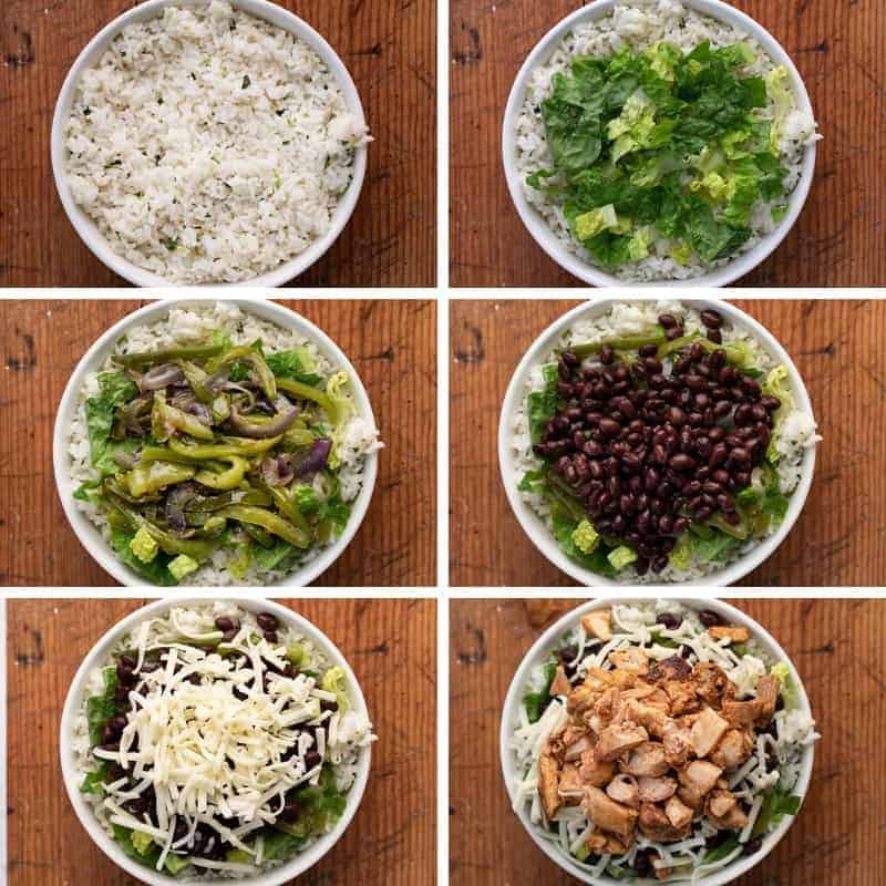 Steps for Laying ingredients in a Chicken Burrito Bowl {Chipotle Copycat}
