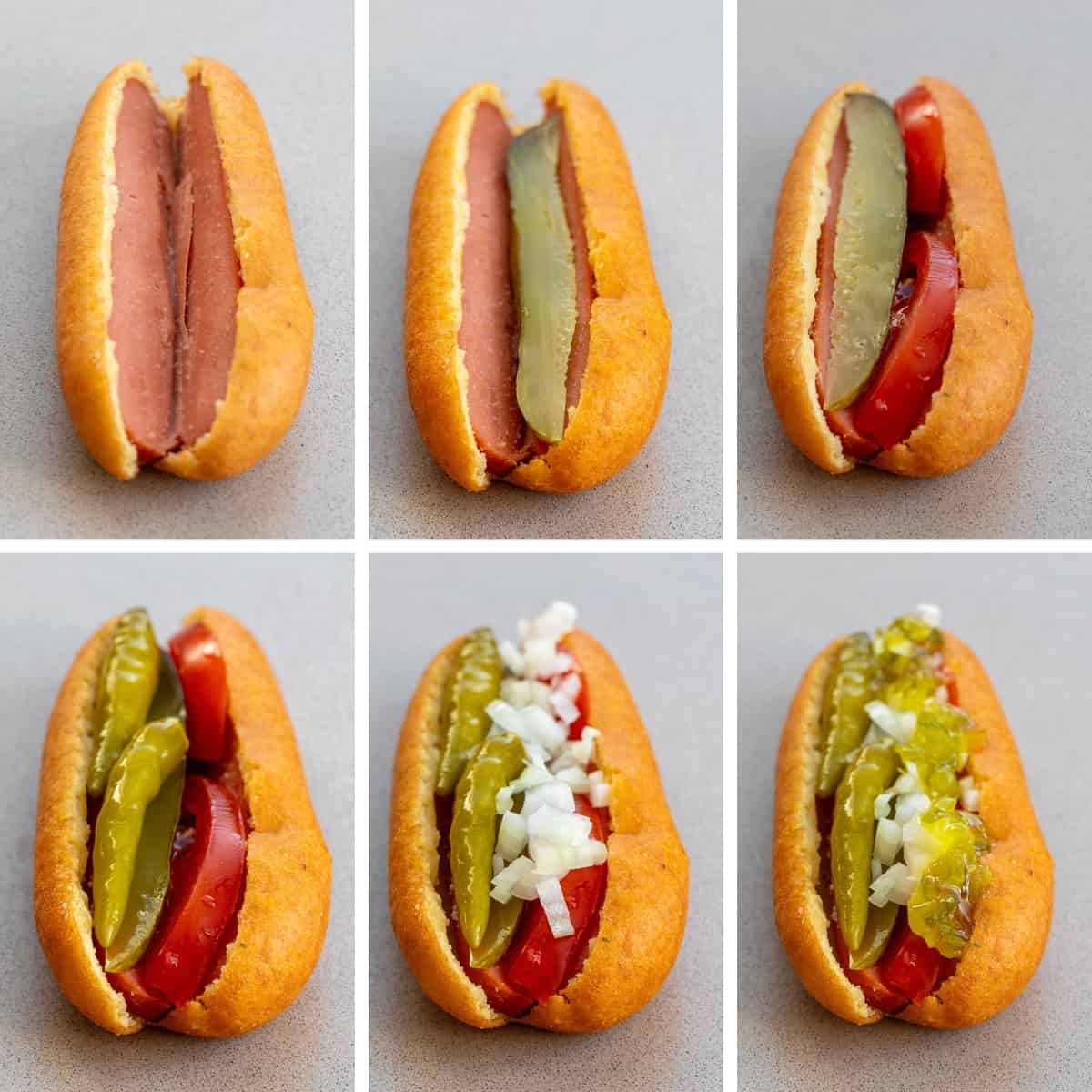 Steps for Adding Ingredients to a Corndog to make Chicago Style Corn Dogs.