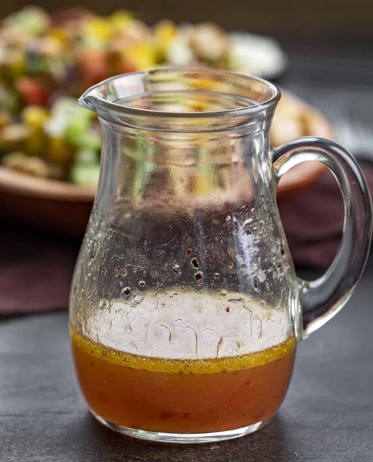 Jar of Homemade Dressing for Mediterranean Chick Pea Salad