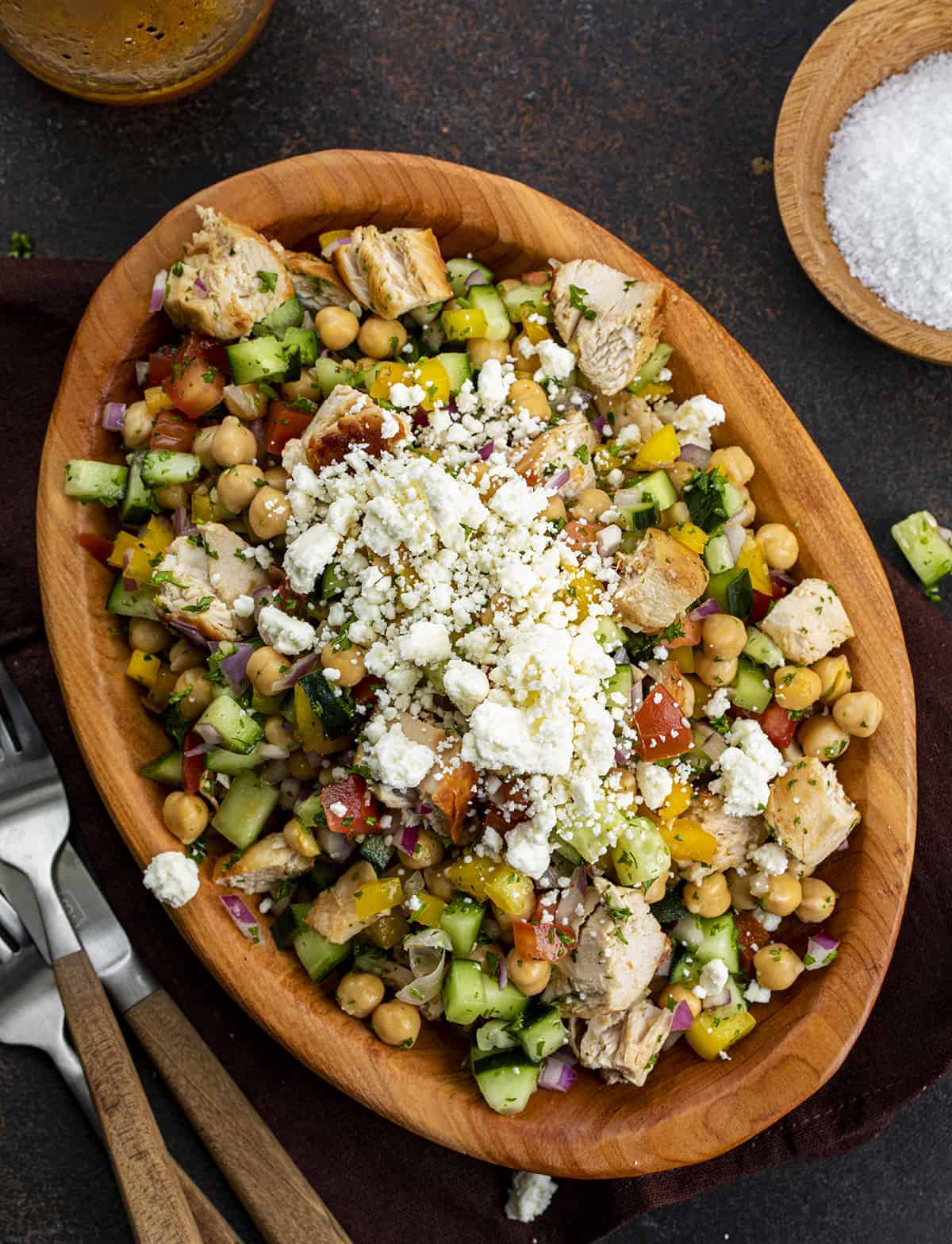 Mediterranean Chick Pea Salad in a Wooden Bowl 