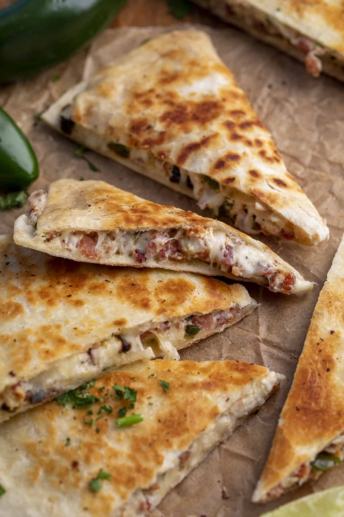 Jalapeno Popper Quesadillas Cut Up and Showing Inside
