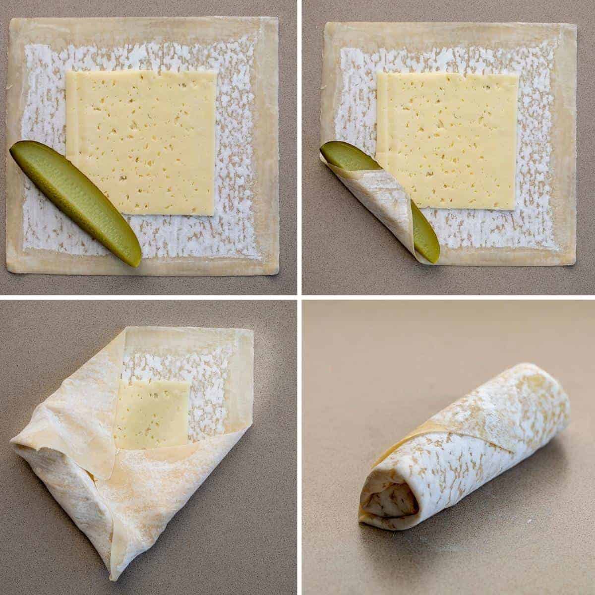 Process for how to Wrap an Air Fryer Dill Pickle Eggroll in Wonton Wrapper