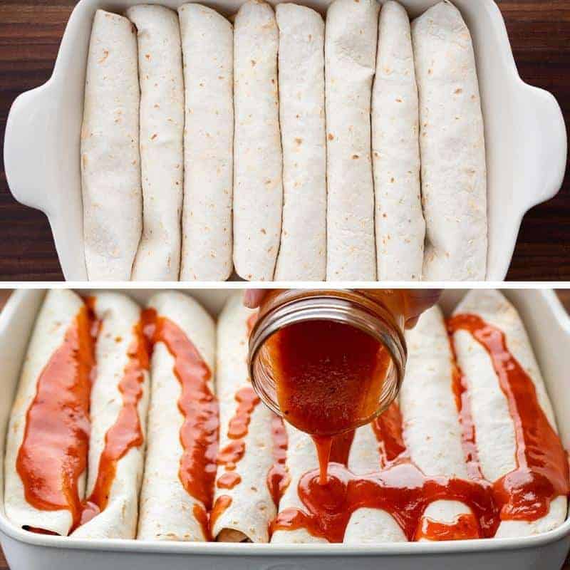 Rolled enchiladas in casserole dish and then adding enchilada sauce