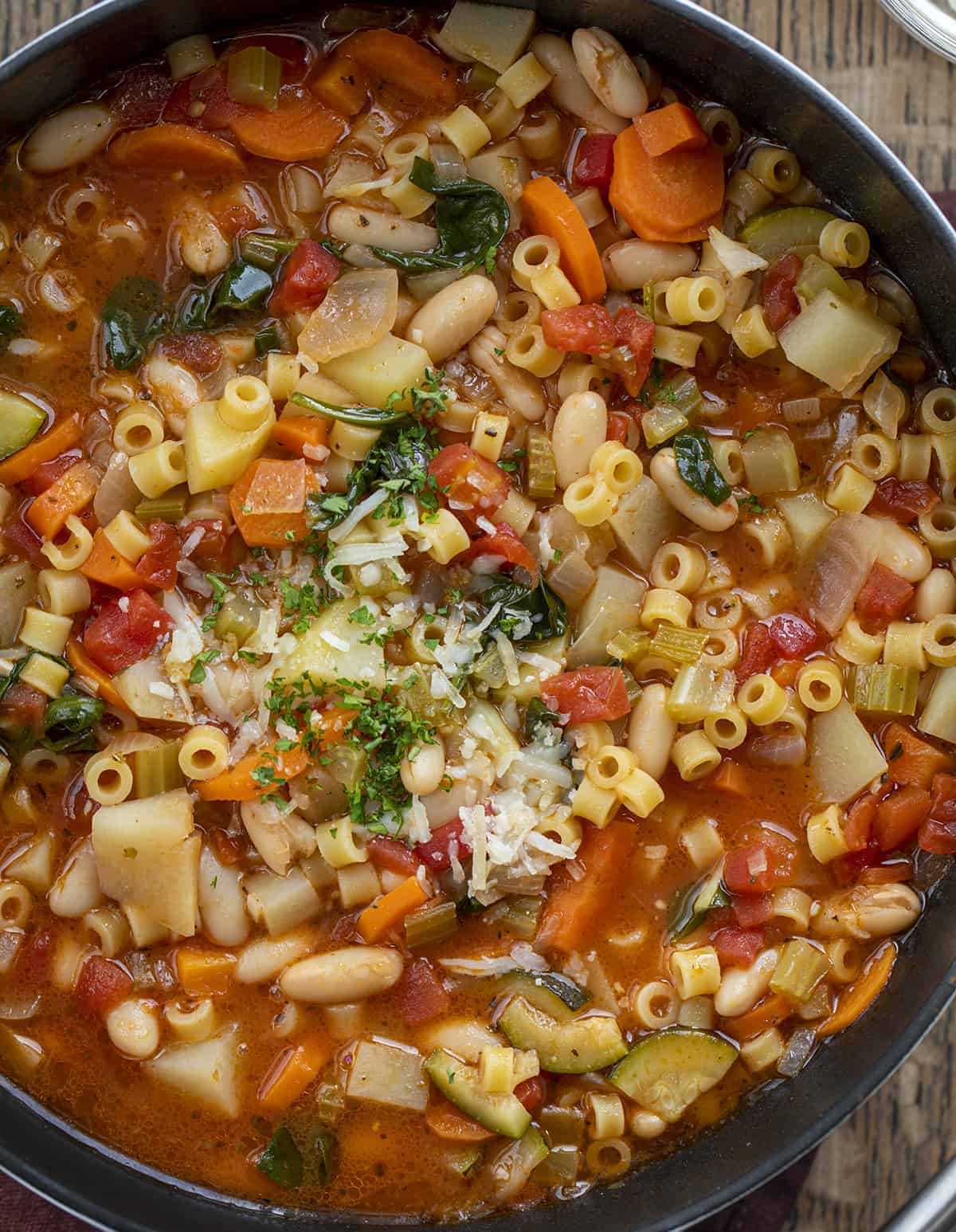 Pot of Classic Minestrone Soup on Board