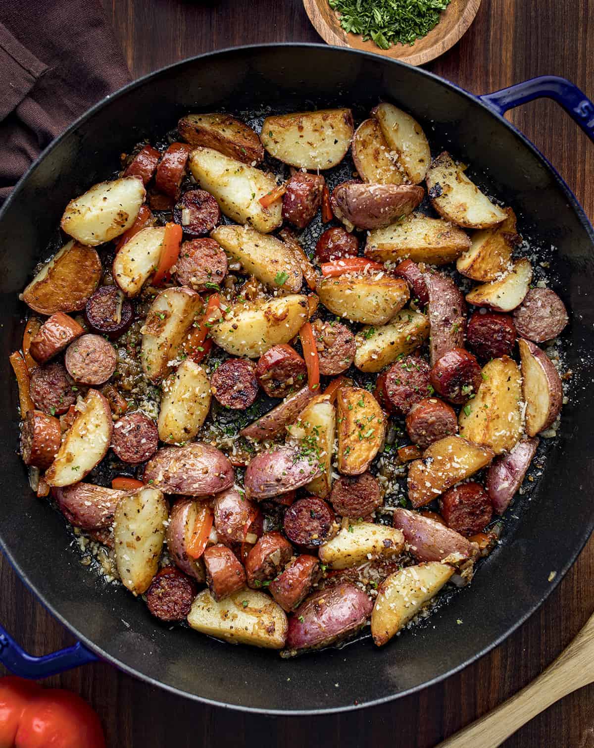 Kielbasa and Potatoes Recipe in a A Pan from Overhead.