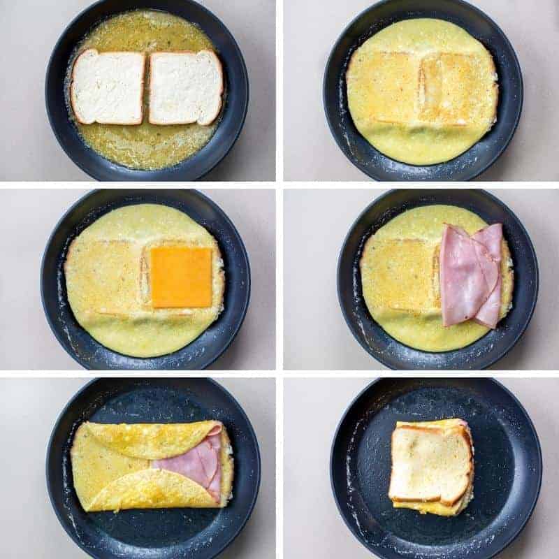 Steps for Making a Egg and Ham Breakfast Sandwich - TikTok Egg Sandwich in a Skillet from Overhead