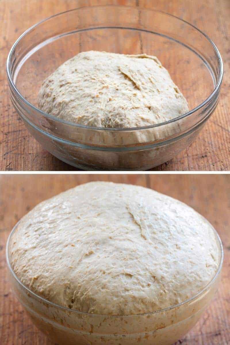 Big Batch Honey Oat Bread dough before and after rising and doubling in size
