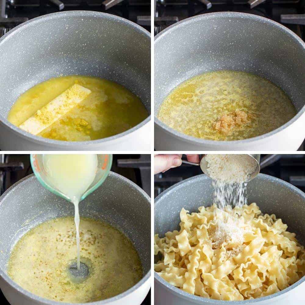 Steps for Making Butter Noodles - butter, garlic, chicken broth, and parmesan