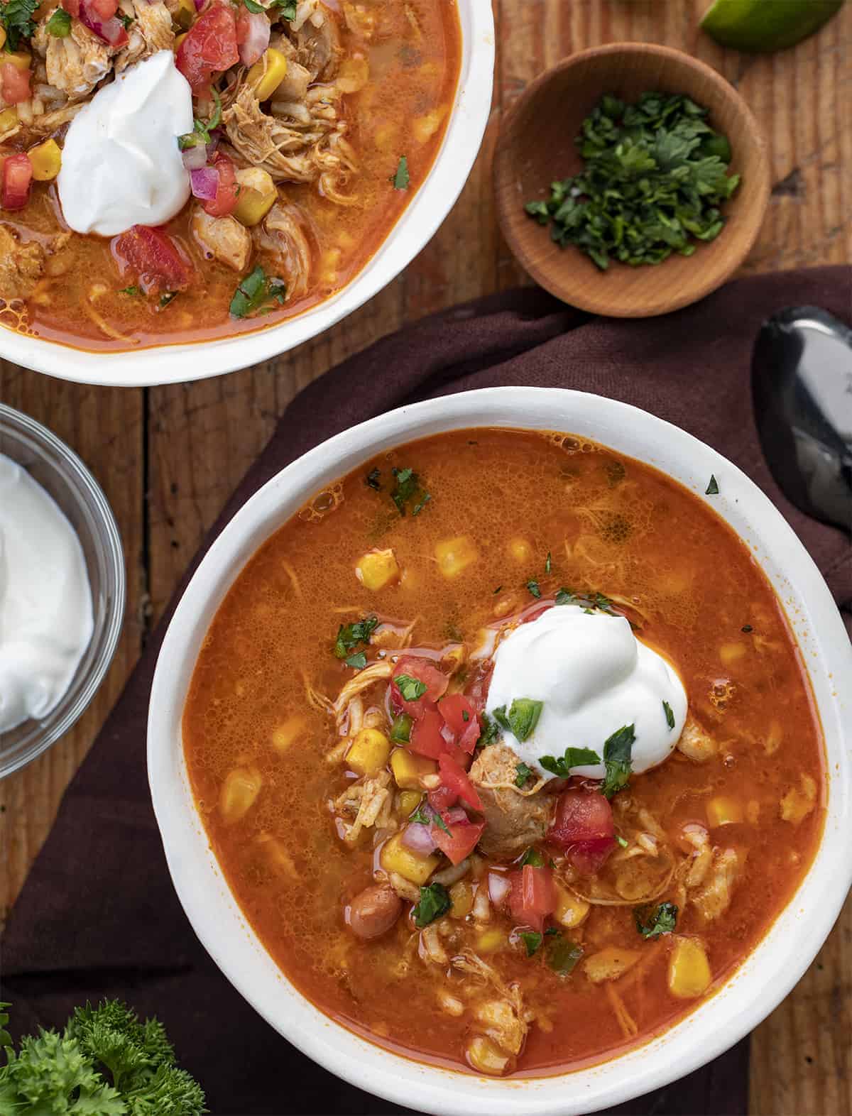 Bowls of Spicy Chipotle Chicken Soup from overhead